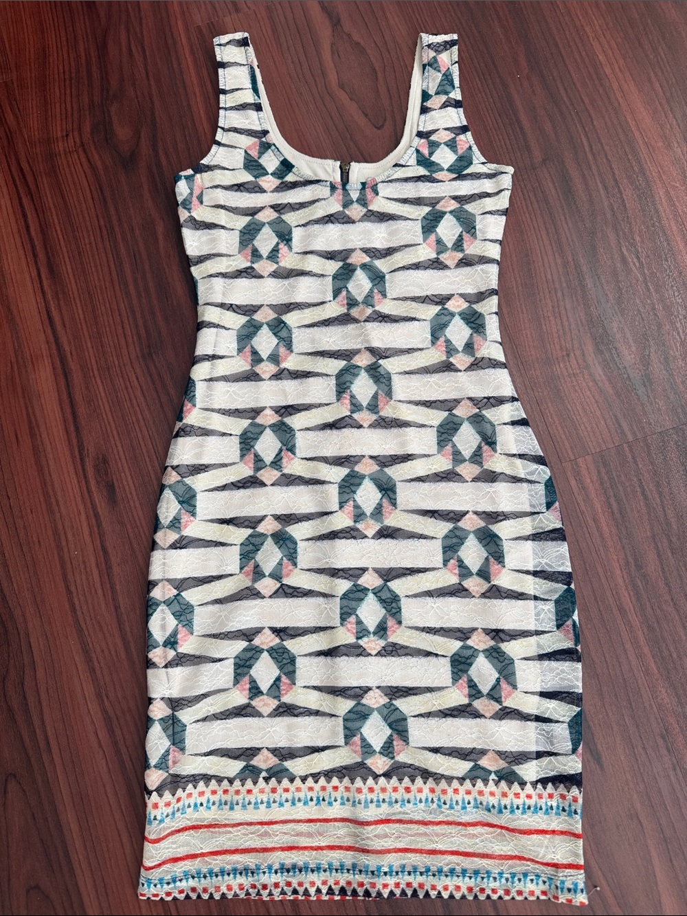 Bar III Ivory Midi Bodycon Dress with Teal and Pink Geometric Print